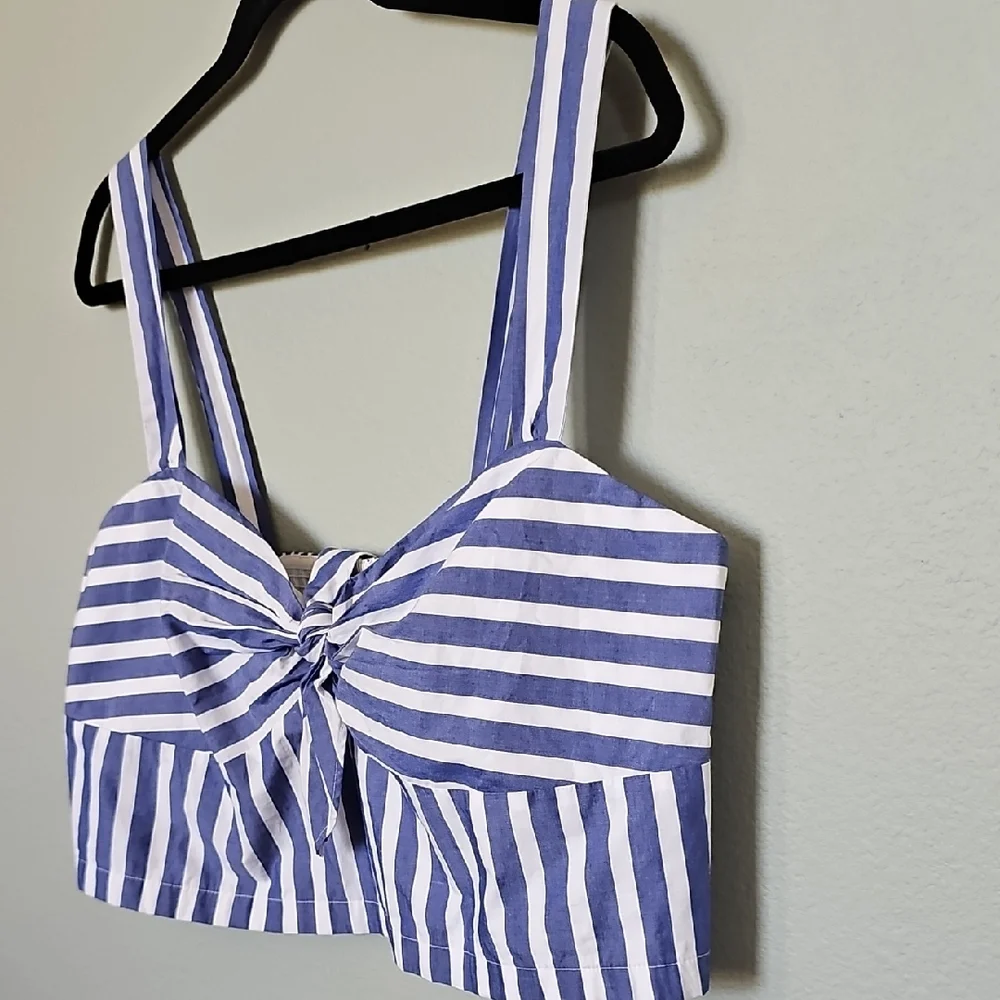 J. Crew Blue White Striped Crop Twist Tie Front Tank Smocked Back Top XXL NWT